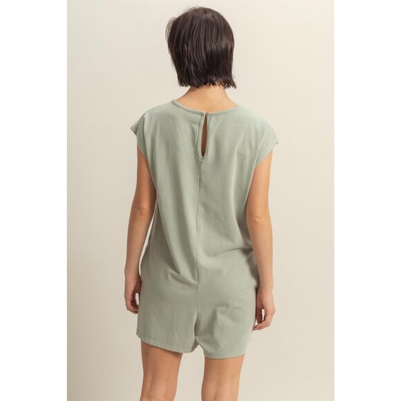 HYFVE Round Neck Cap Sleeves Side Pockets Relaxed Fit Breezy Romper | Sage Green - Picture 2 of 6